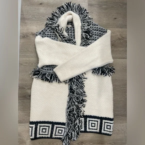 Anthropologie Pilcro Fringe Cardigan Sweater Size Cream Black Oversized - Picture 9 of 12